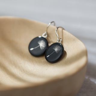 Boucles d'oreilles pissenlit argent &amp; noir 