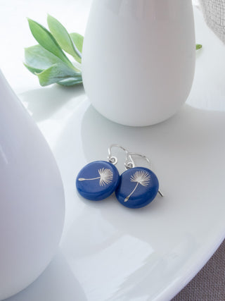 Boucles d'oreilles pissenlit argent &amp; bleu 