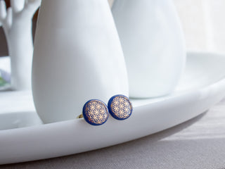 Boucles d'oreilles puces fleur de vie or &amp; bleu